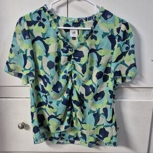 CAbi #6087 Green Blue Floral Trixie Ruffle Top With Side Zipper Size Medium